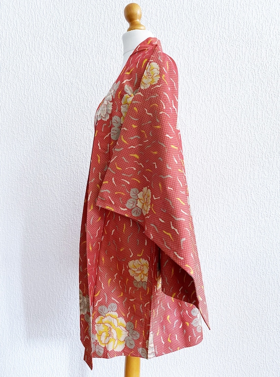 coral red peony flower Kimono jacket /Meisen silk… - image 5