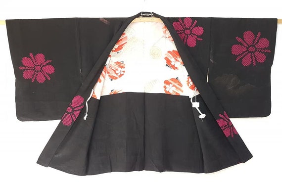 kimono jacket/Black, fuchsia pink 1950's Urushi l… - image 3