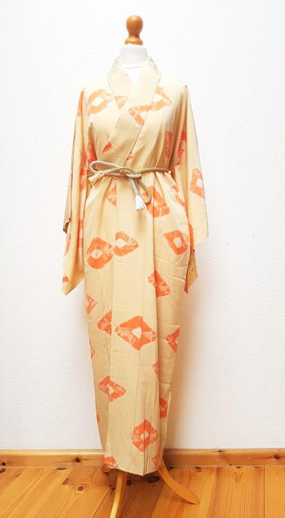 cream yellow Kimono robe with orange Shibori tie-… - image 5