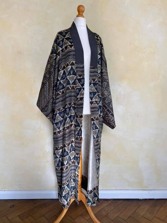 rare patchwork Men's Kimono robe/antique silk Nag… - image 4