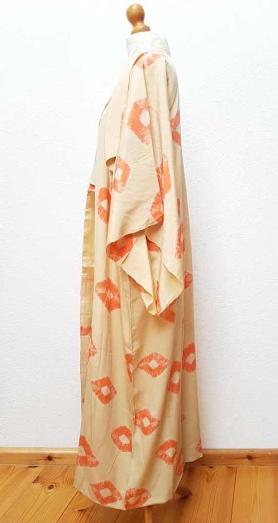 cream yellow Kimono robe with orange Shibori tie-… - image 1