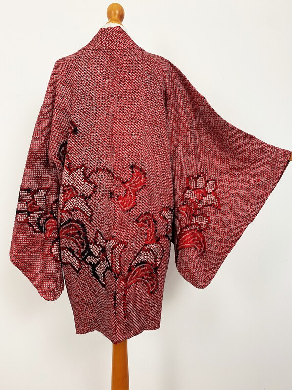 red floral Shibori Kimono jacket /tie-dye silk HA… - image 6