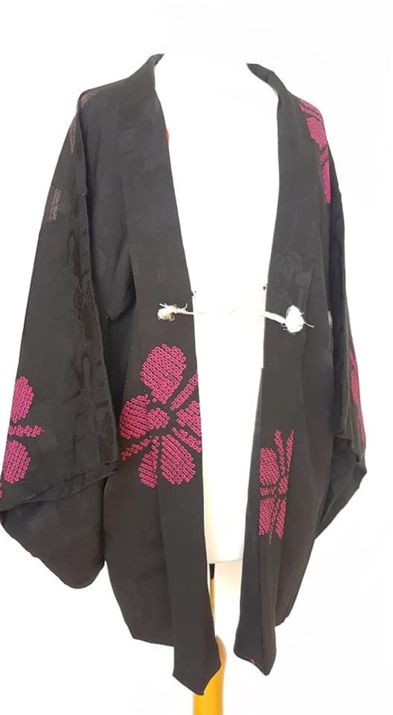 kimono jacket/Black, fuchsia pink 1950's Urushi l… - image 7
