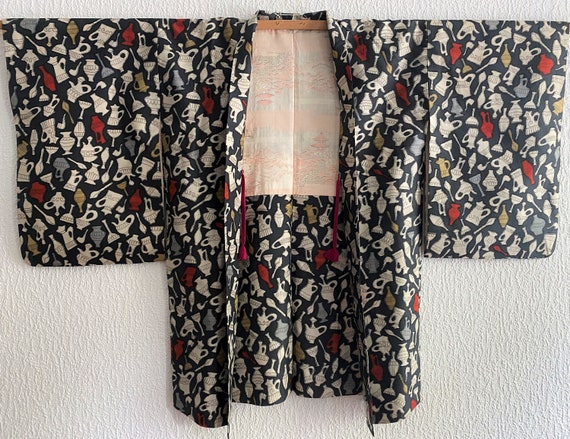 blue gray Meisen silk ikat Kimono jacket /flower … - image 2