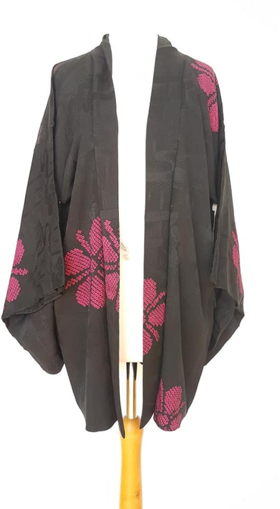 kimono jacket/Black, fuchsia pink 1950's Urushi l… - image 6