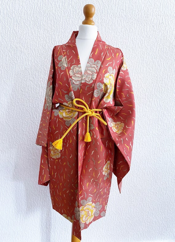 coral red peony flower Kimono jacket /Meisen silk… - image 9