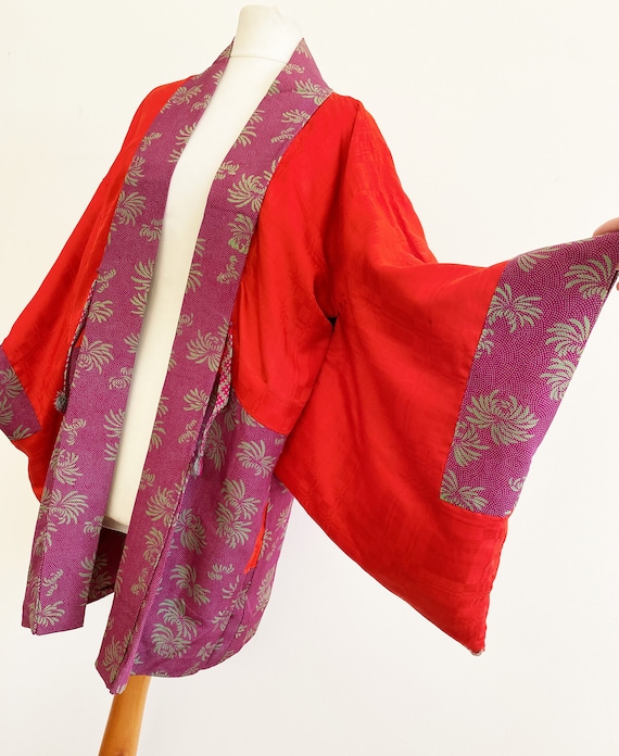 pink × neon green floral long Kimono jacket/ Haor… - image 9