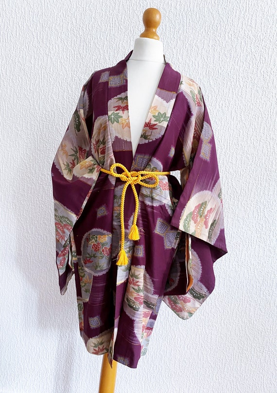 dark aubergine flower Kimono jacket /Meisen silk … - image 9