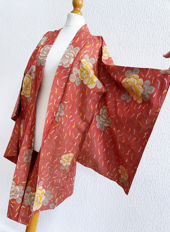 coral red peony flower Kimono jacket /Meisen silk… - image 3
