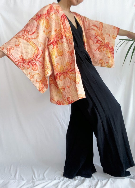 orange chrysanthemum  Shibori Kimono jacket /1960… - image 6
