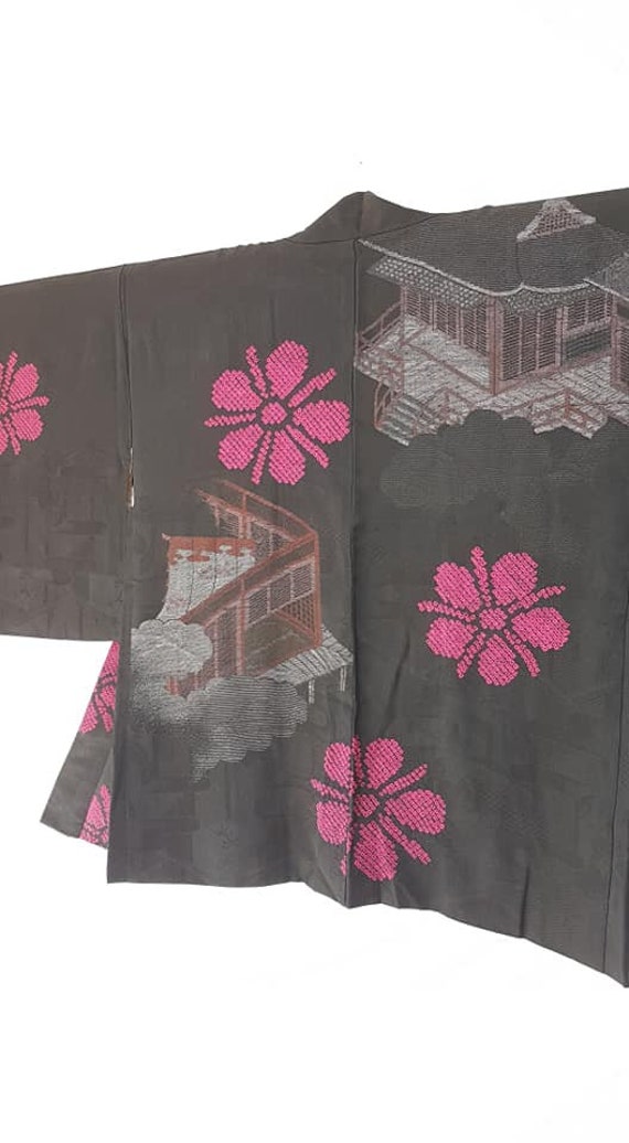 kimono jacket/Black, fuchsia pink 1950's Urushi l… - image 4