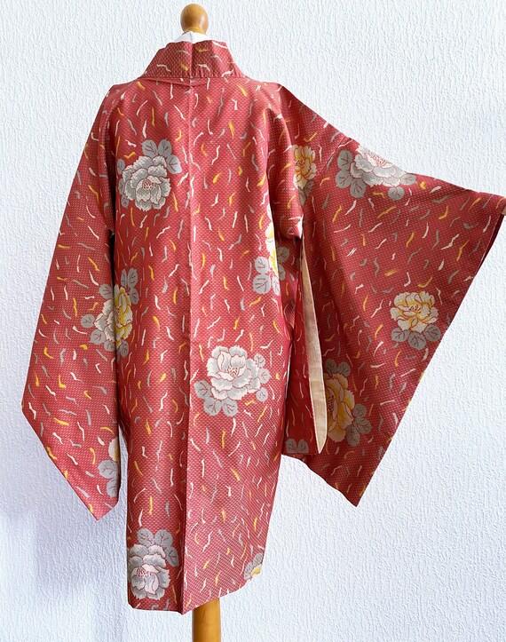 coral red peony flower Kimono jacket /Meisen silk… - image 6