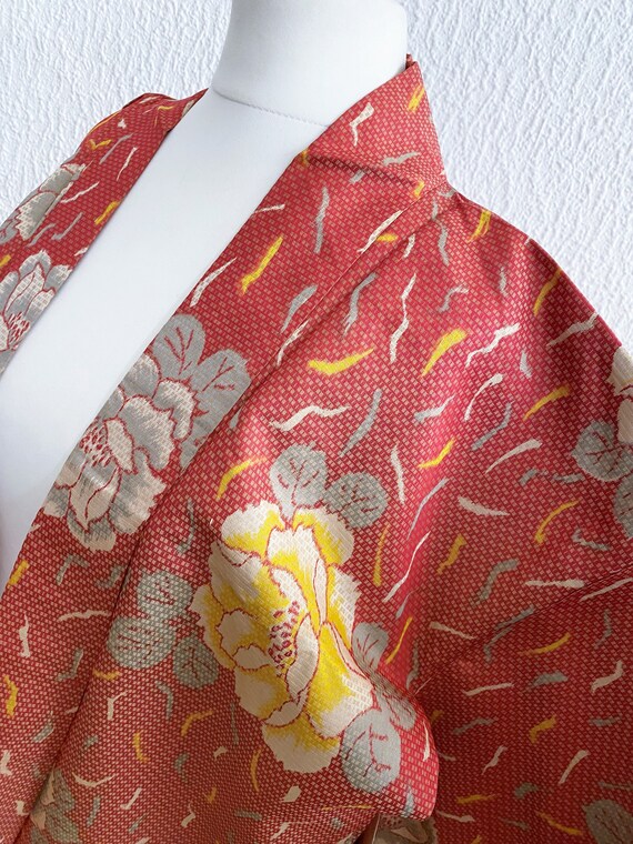 coral red peony flower Kimono jacket /Meisen silk… - image 4