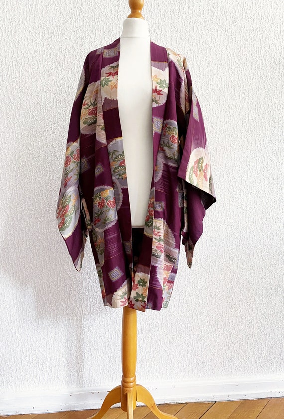 dark aubergine flower Kimono jacket /Meisen silk … - image 8