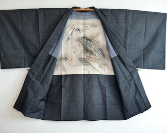 Giacca kimono Haori in seta blu indaco vintage Ōshima Tsumugi, fodera con drago dipinto a mano, unisex / MH83