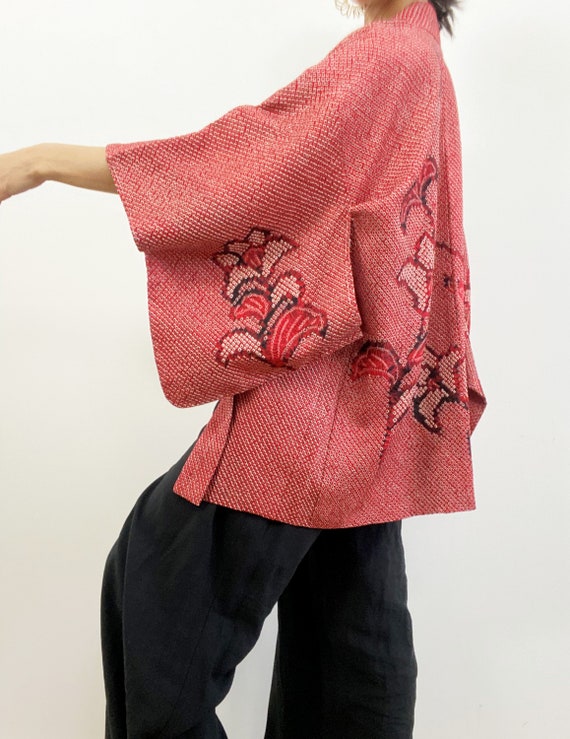 red floral Shibori Kimono jacket /tie-dye silk HA… - image 4