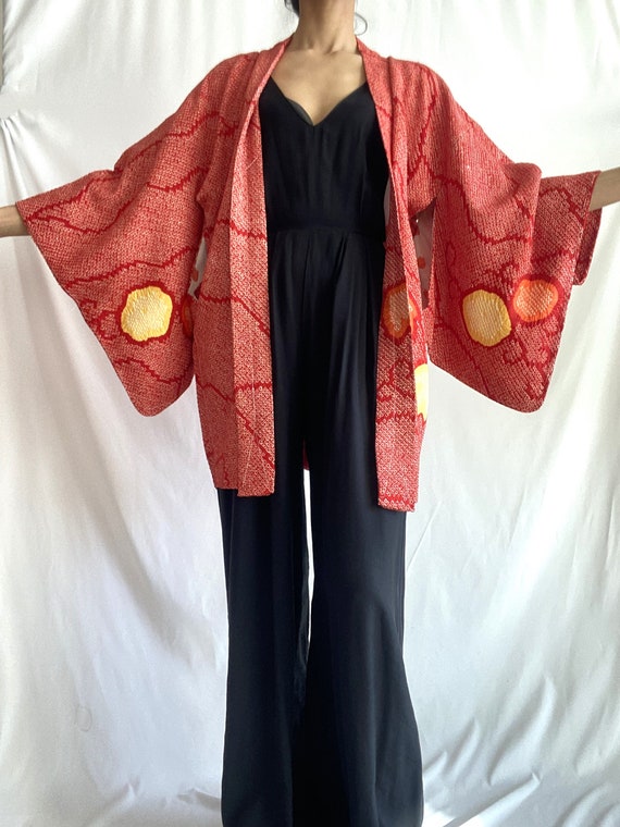 1960's Japanese vintage HAORI / red plum blossom … - image 3