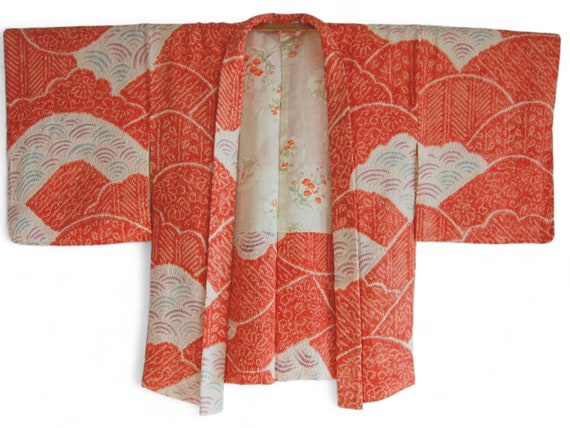 cloud and wave motif Kimono jacket/salmon pink Sh… - image 2