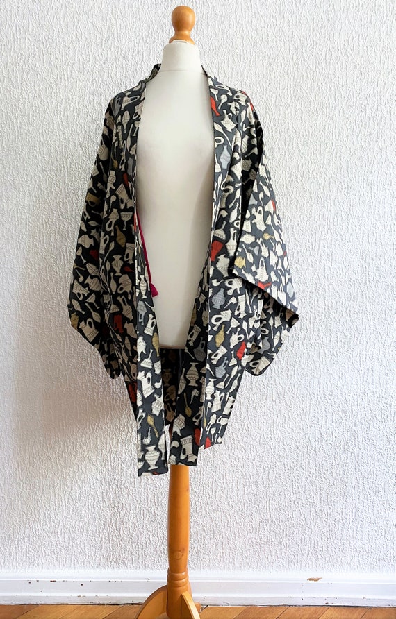 blue gray Meisen silk ikat Kimono jacket /flower … - image 8