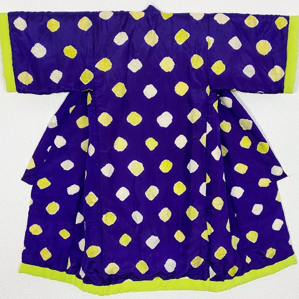 manteau kimono rembourré violet et jaune fluo pour enfants avec mignon pois Shibori / pour 3 ~ 4 ans / 88cm de longueur