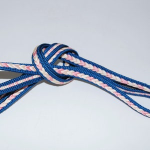 May include: A blue and pink braided cord with tassels at the ends. The cord is made of a soft, silky material and is ideal for adding a touch of elegance to any project.