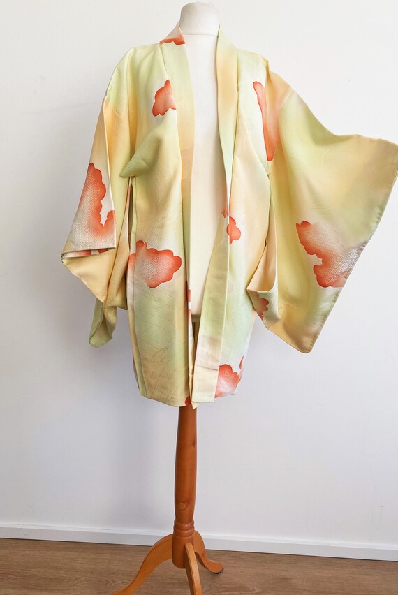 1960's apple green × orange cloud pattern Kimono … - image 5