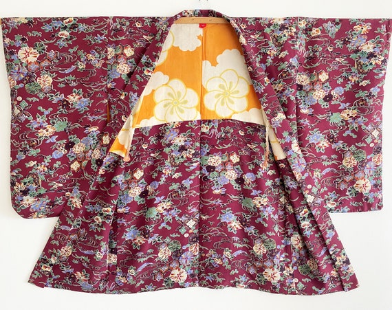 plum color floral long Kimono jacket/ Haori /Naga… - image 1