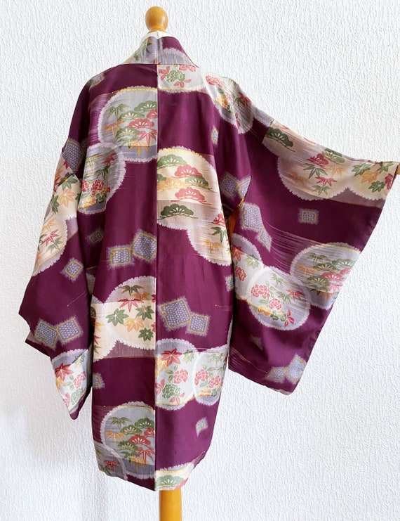 dark aubergine flower Kimono jacket /Meisen silk … - image 5