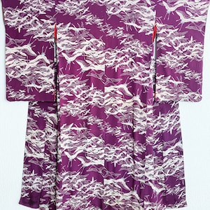 1920's antique purple crane auspicious pattern silk Kimono robe with red lining /incl. OBIJIME belt