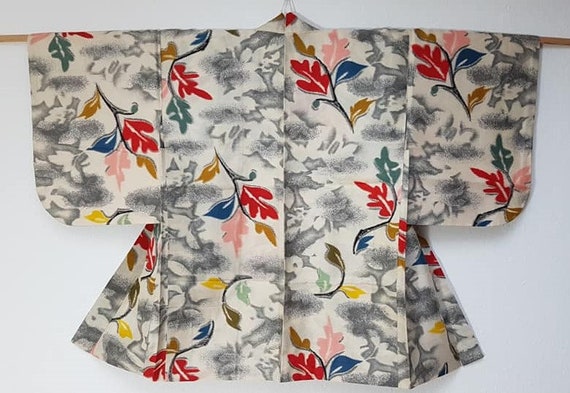 multi color white colorful leaf pattern Kimono ja… - image 1