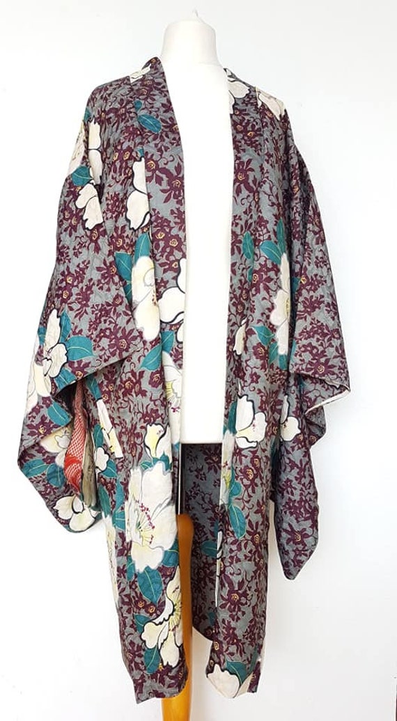 kimono jacket/burgundy,gray Peony flower Haori /1… - image 8