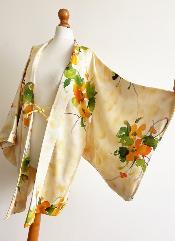 1960's light yellow flower motif Kimono jacket/ om