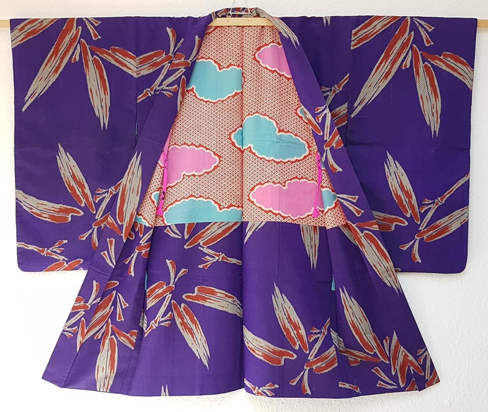 1920s Purple Red Bamboo Auspicious Pattern Haori Kimono