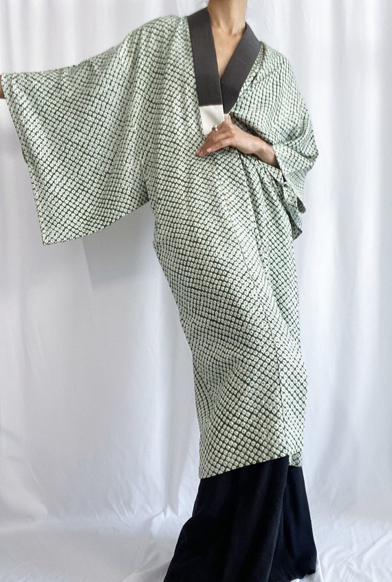 green Shibori Men's Kimono robe/silk Nagajuban/195