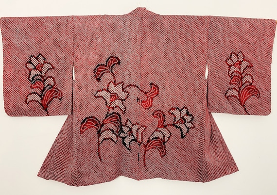 red floral Shibori Kimono jacket /tie-dye silk HA… - image 1