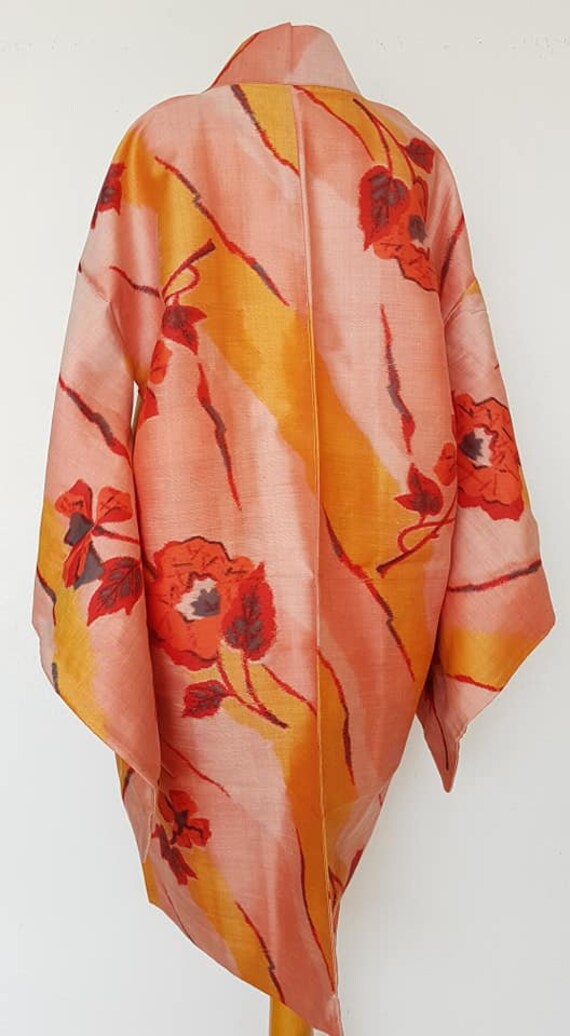 Kimono jacket/pink,orange flower pattern Meisen s… - image 8