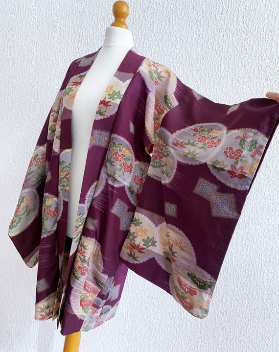 dark aubergine flower Kimono jacket /Meisen silk … - image 4