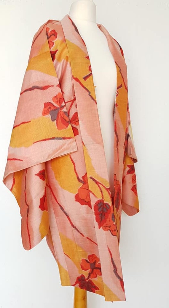 Kimono jacket/pink,orange flower pattern Meisen s… - image 7