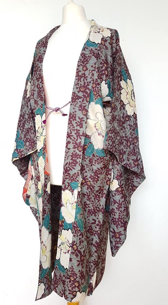 kimono jacket/burgundy,gray Peony flower Haori /1… - image 7