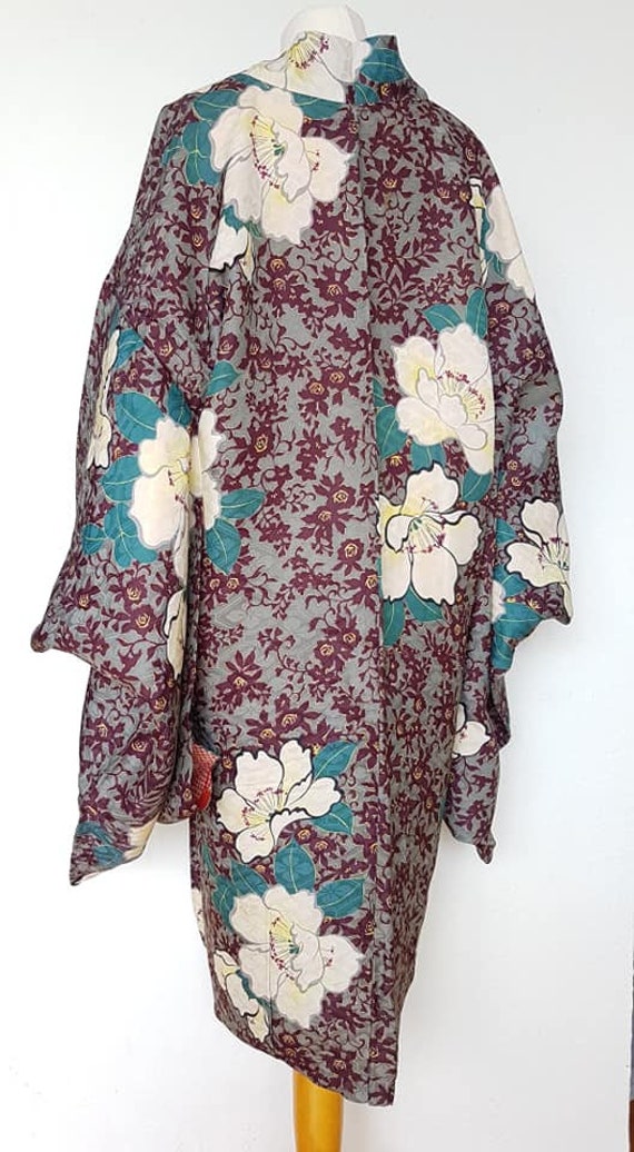 kimono jacket/burgundy,gray Peony flower Haori /1… - image 9