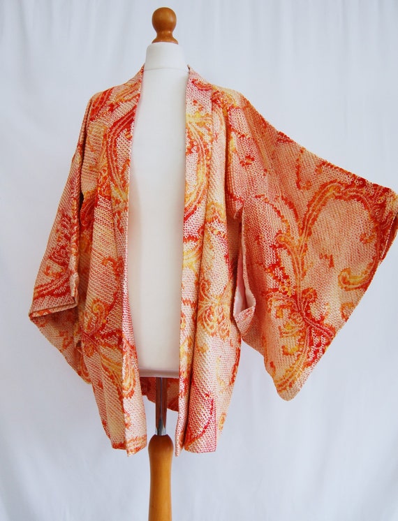 orange chrysanthemum  Shibori Kimono jacket /1960… - image 3