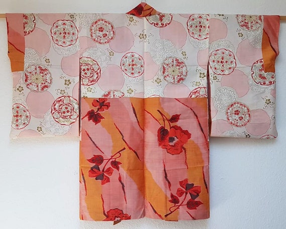 Kimono jacket/pink,orange flower pattern Meisen s… - image 3