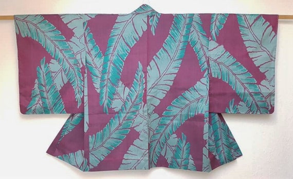 Banana leaf pattern purple x turquoise blue Meise… - image 1