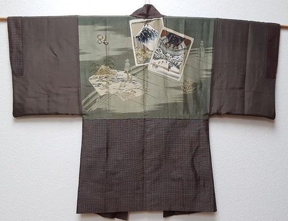 Men's kimono jacket/ Mud dyeing dark brown silk l… - image 3