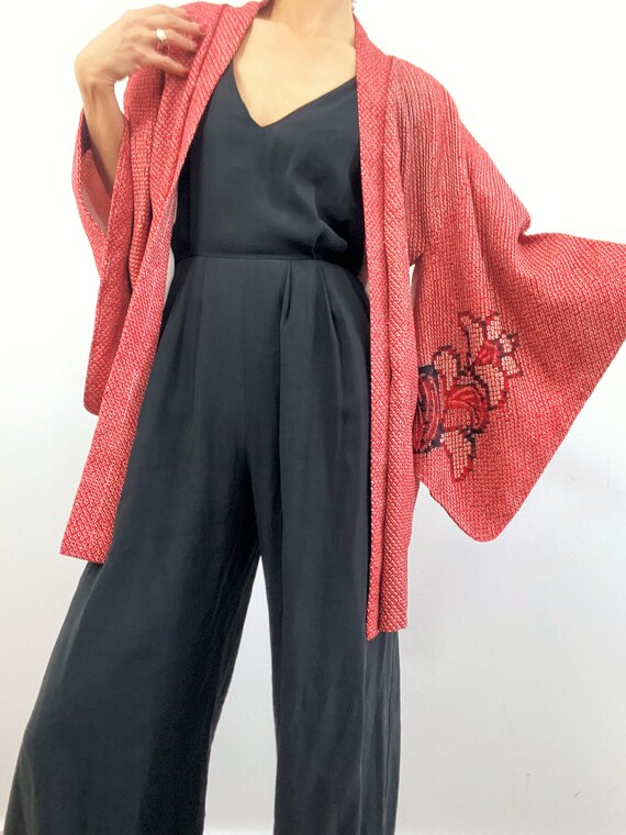 red floral Shibori Kimono jacket /tie-dye silk HA… - image 3