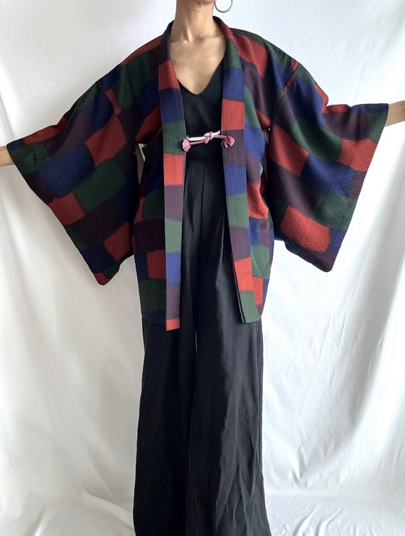 colorful 1960s Kimono jacket Checkered Pattern om… - image 4