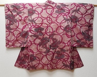 kimono jacket/1920's shiny pink circle and poppy flower pattern with colorful crane lining /Meisen silk Haori /Japanese vintage