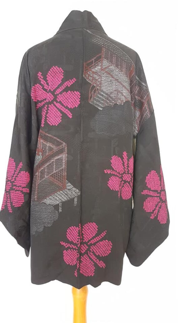 kimono jacket/Black, fuchsia pink 1950's Urushi l… - image 8