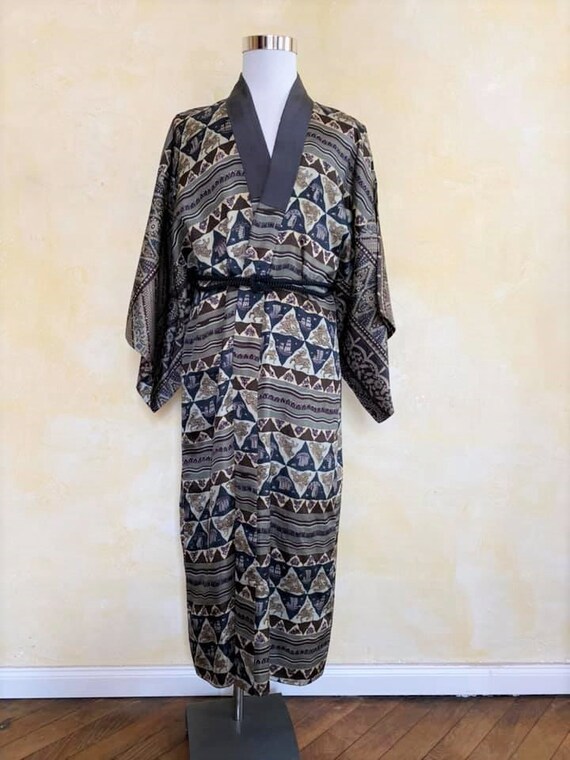 rare patchwork Men's Kimono robe/antique silk Nag… - image 5