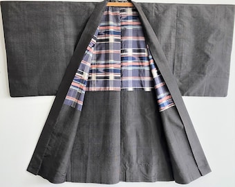 Men's darkcharcoal gray pinstripes kimono jacket/ unisex long Haori with woven silk ikat lining /reversible/HM37